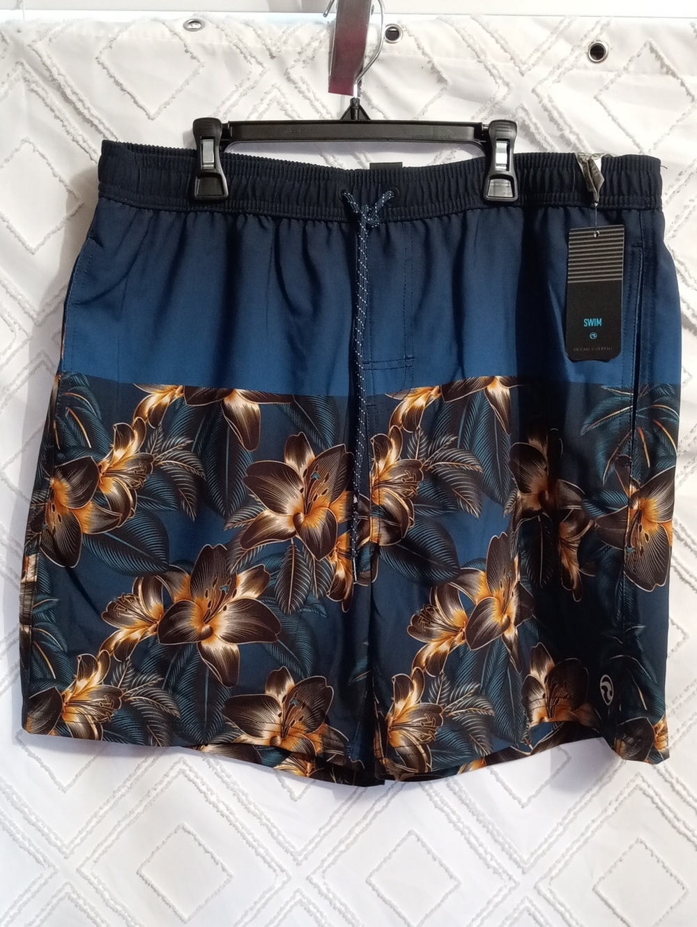 Ocean Current Navy Swim Trunks with Gold Floral Print